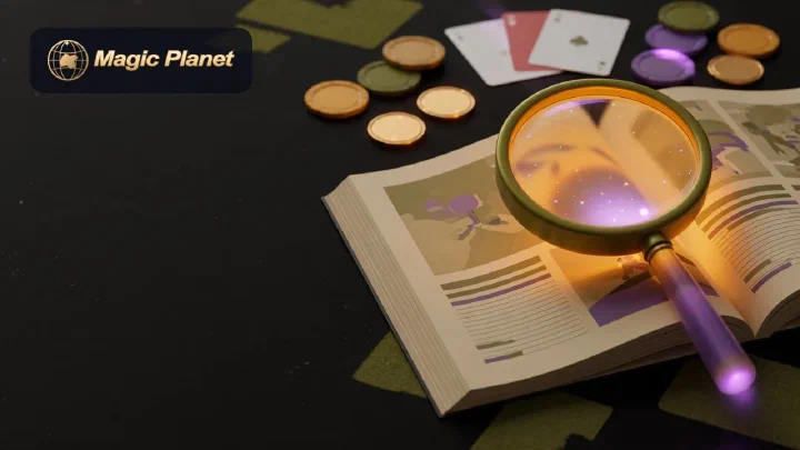 Glowing magnifying glass over an open space-themed guidebook among lavender chips and cards on a dark table