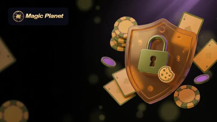 Glowing shield with a padlock and a cookie among floating lavender chips on a dark background