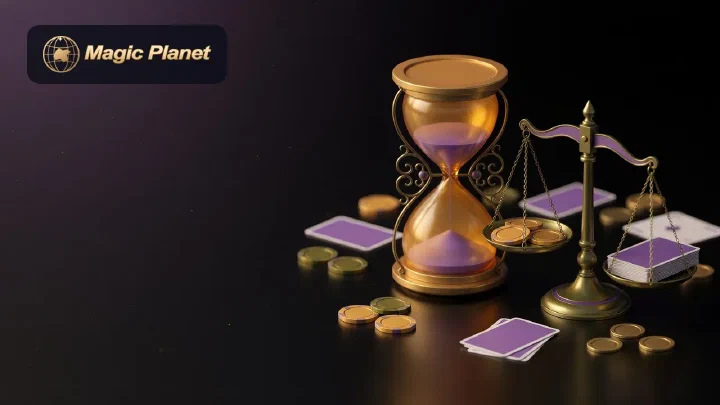 Brass scales balancing lavender chips and cards beside an hourglass of lavender sand on a dark table